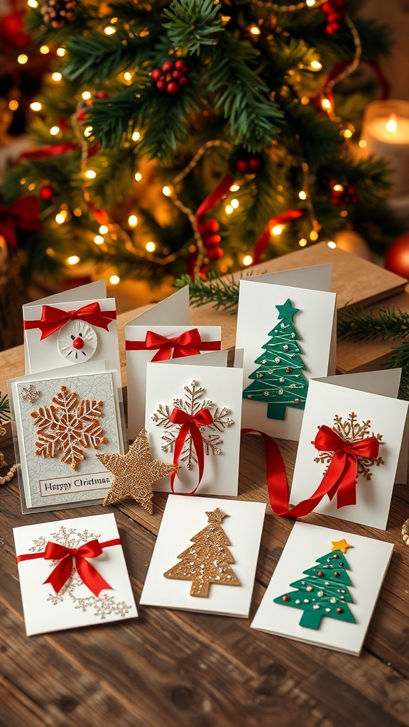 A collection of unique handmade Christmas cards with festive designs on a wooden table.